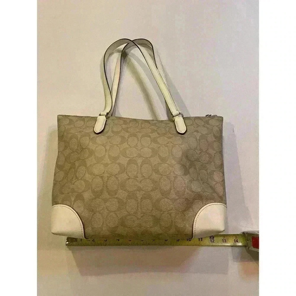 Coach Signature Zip Tote Back Light Khaki Beige Ran White Purse Shoulder Bag - Picture 2 of 13